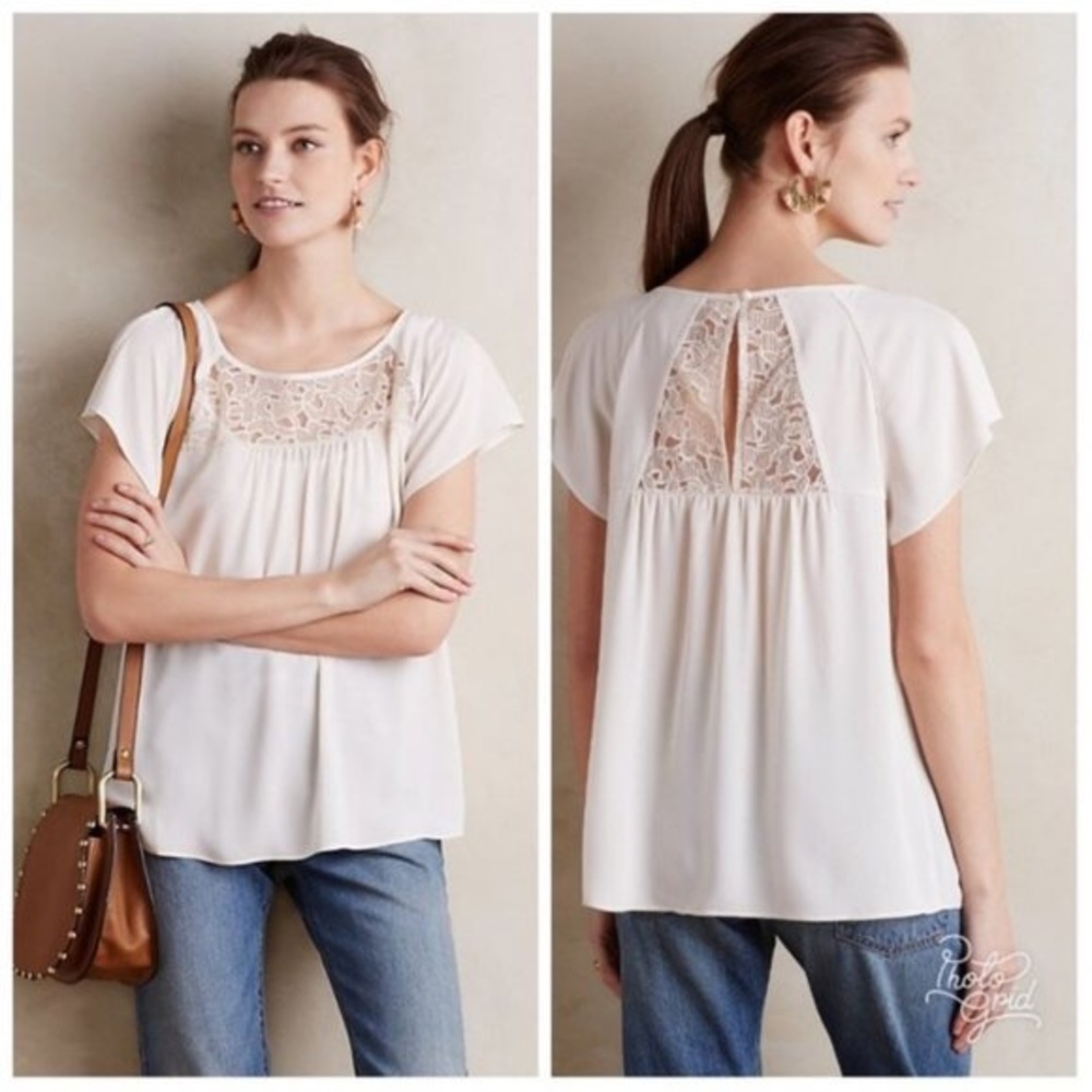 Maeve by Anthropologie Cream Lace Trace Tee